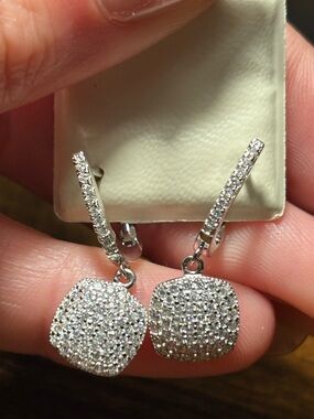 Sterling Silver Cushion Pavé Dangle Earrings – Hinged Closure – 925
